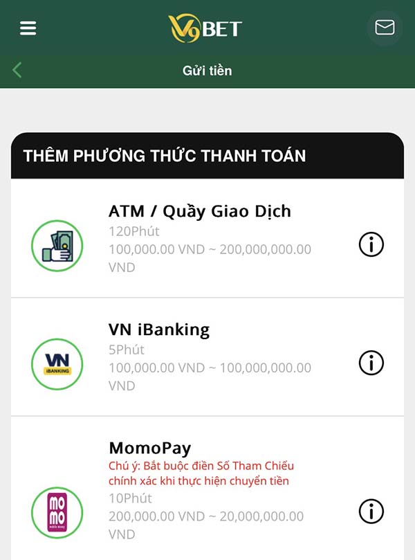 Cách nạp tiền vào V9bet bằng internet banking